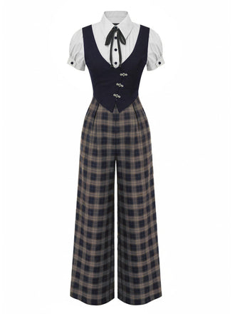 [Vorverkauf] Schwarz 1930er Gefälschte 3PCS Bogen Plaid Jumpsuit