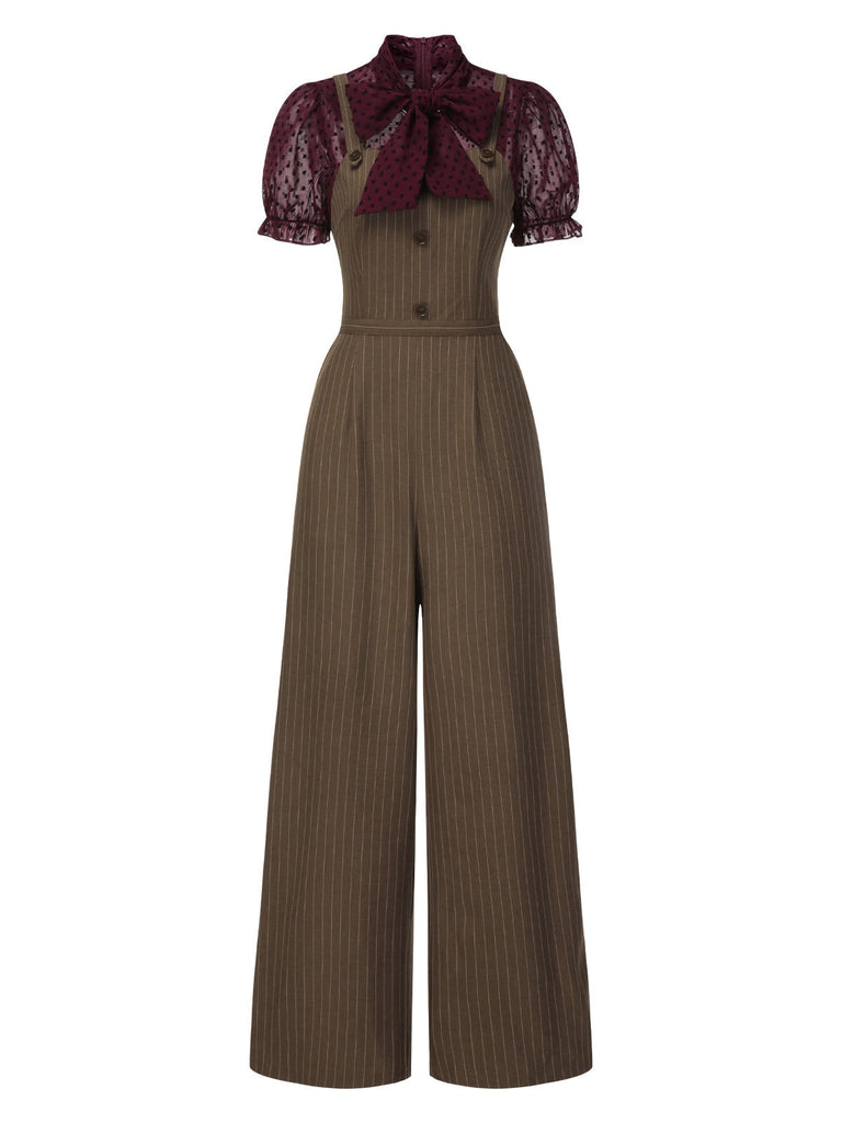 Rot 1930er Netz Patchwork Vertikal Streifen Jumpsuit