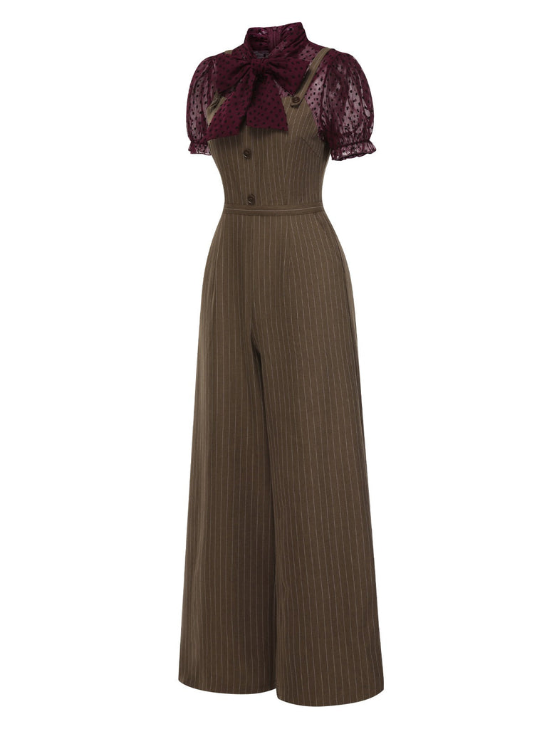 Rot 1930er Netz Patchwork Vertikal Streifen Jumpsuit