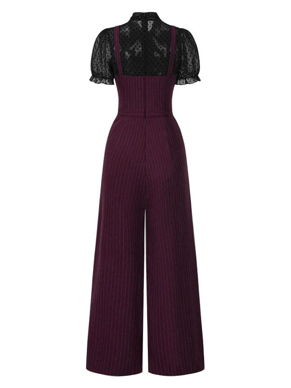 Schwarz 1930er Netz Patchwork Vertikal Streifen Jumpsuit