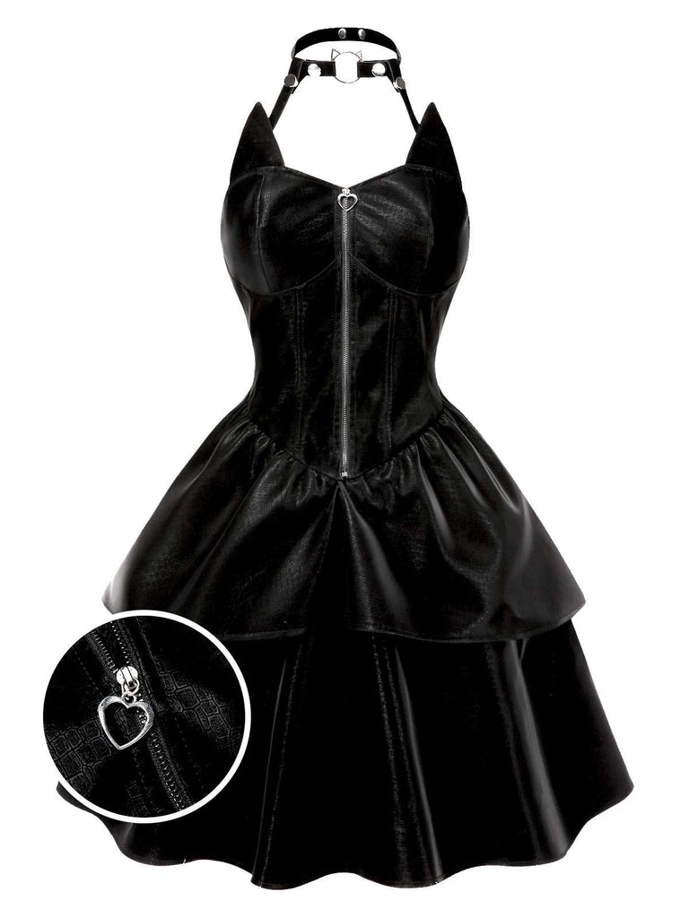 Schwarz 1950er Halloween Katzenmädchen Leder Kleid