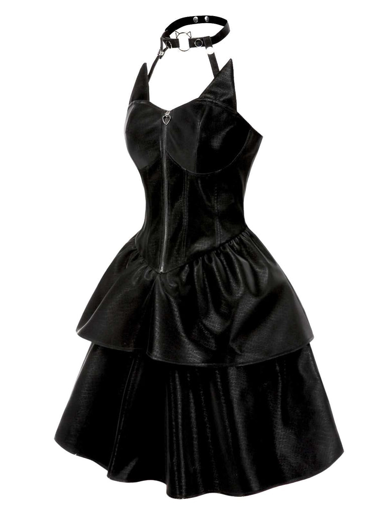 Schwarz 1950er Halloween Katzenmädchen Leder Kleid