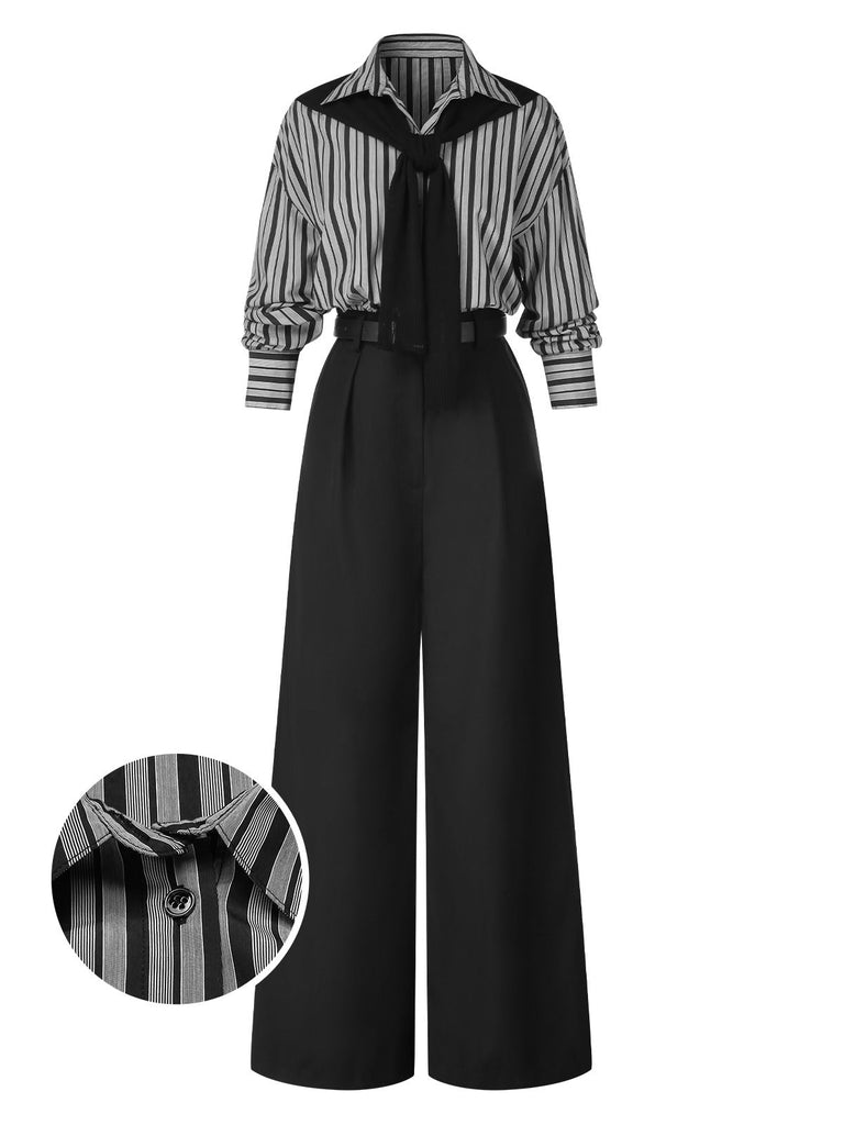 Schwarz 1940er Hemdkragen Streifen Jumpsuit Mit Kap