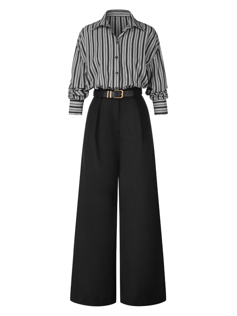 Schwarz 1940er Hemdkragen Streifen Jumpsuit Mit Kap