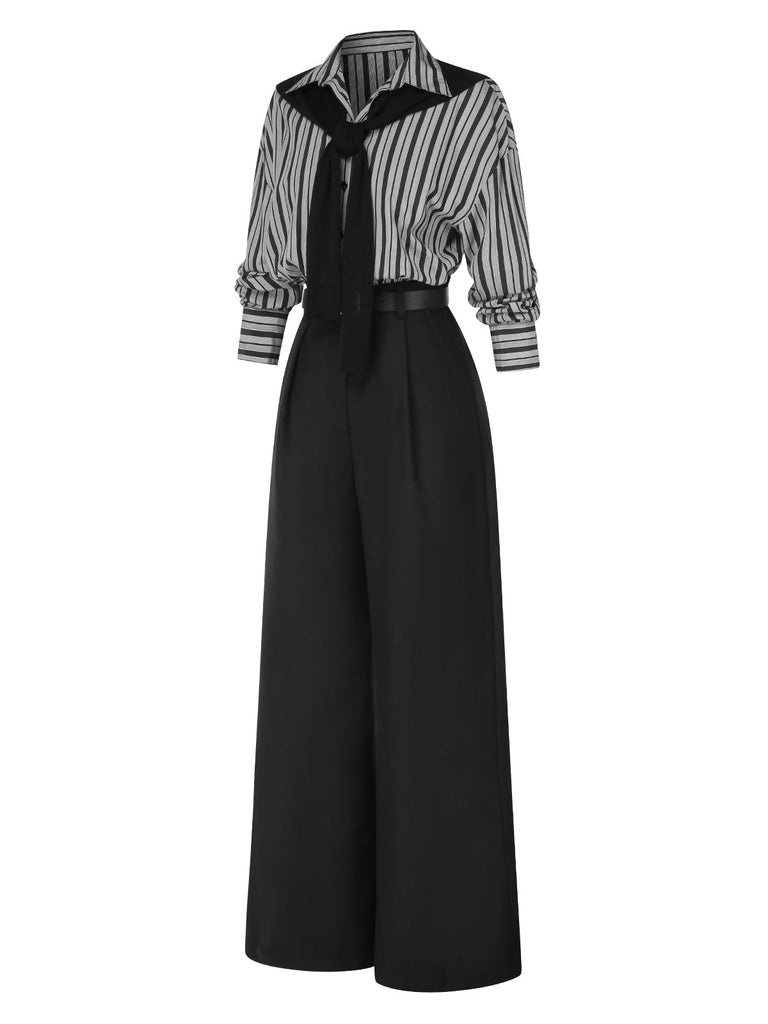 Schwarz 1940er Hemdkragen Streifen Jumpsuit Mit Kap
