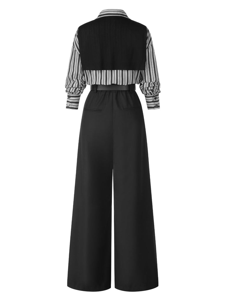 Schwarz 1940er Hemdkragen Streifen Jumpsuit Mit Kap