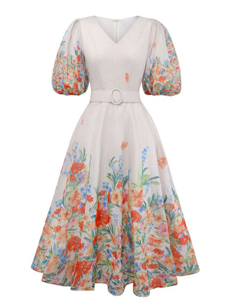 Multicolor 1950er Blumen V-Ausschnitt Laternenhülle Gürtel Kleid