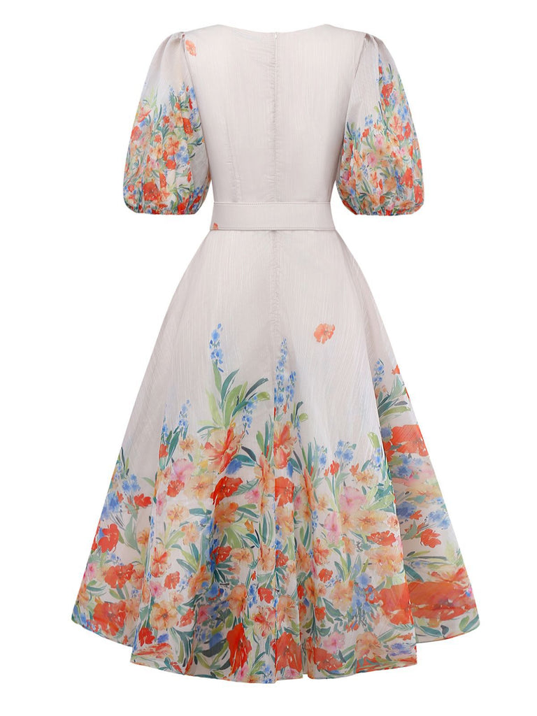 Multicolor 1950er Blumen V-Ausschnitt Laternenhülle Gürtel Kleid