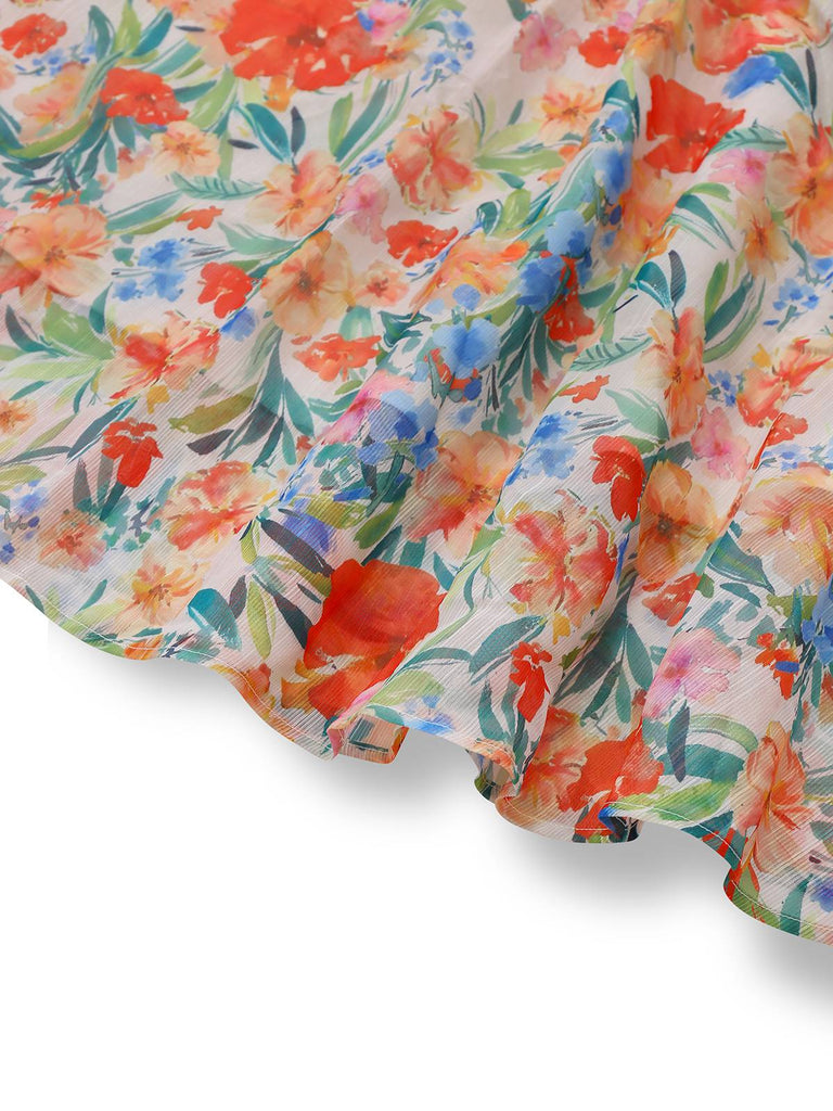 Multicolor 1950er Blumen V-Ausschnitt Laternenhülle Gürtel Kleid