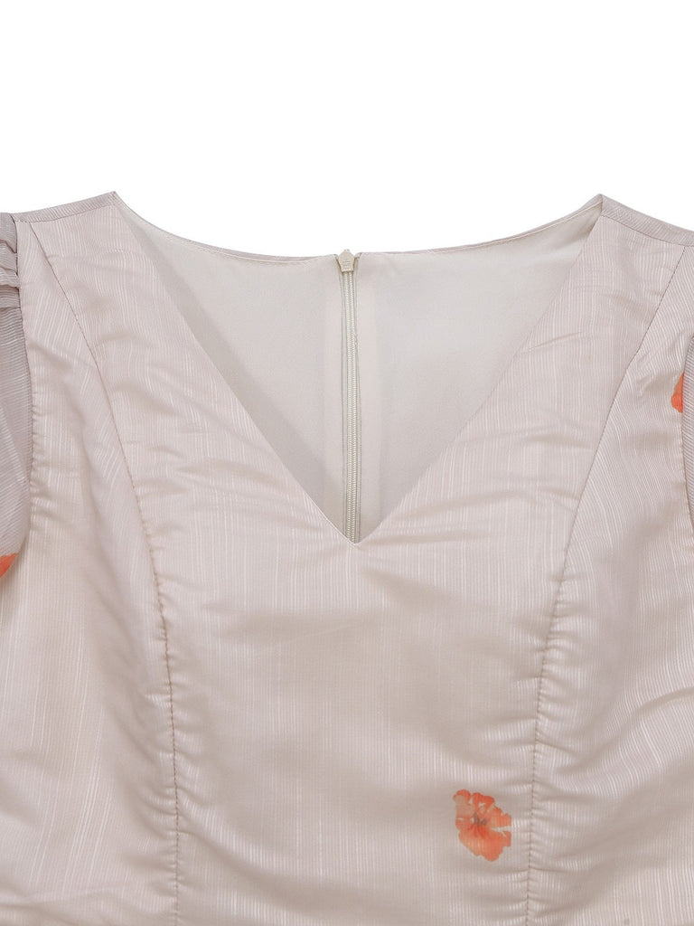 Multicolor 1950er Blumen V-Ausschnitt Laternenhülle Gürtel Kleid