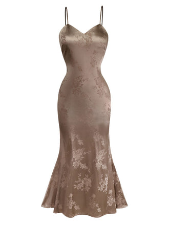 1930er Solide Satin Blumen Jacquard Slip Meerjungfrauen Kleid