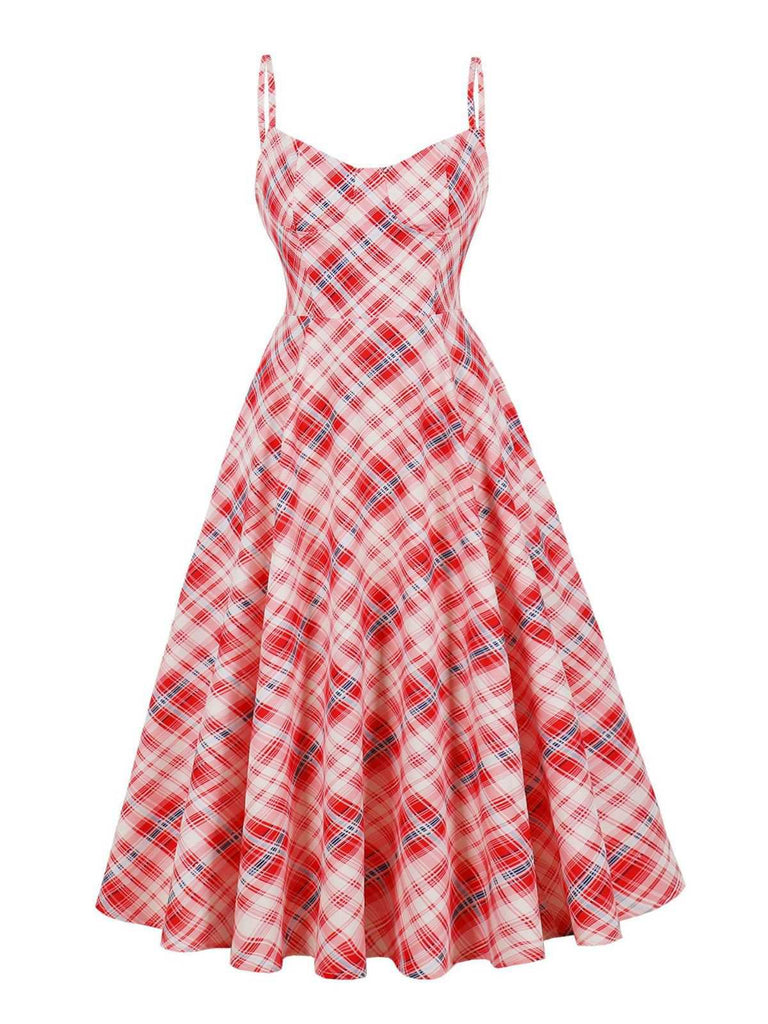 Rot 1950er Spaghettiträger Plaid Swing Kleid