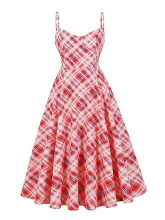 Rot 1950er Spaghettiträger Plaid Swing Kleid