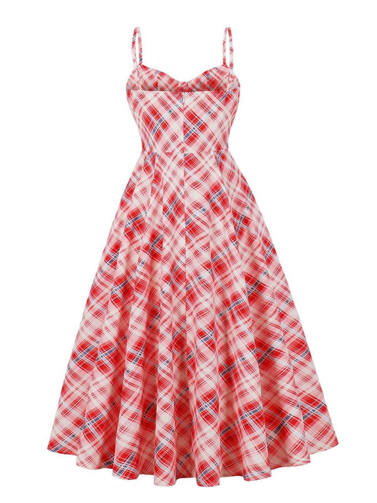 Rot 1950er Spaghettiträger Plaid Swing Kleid