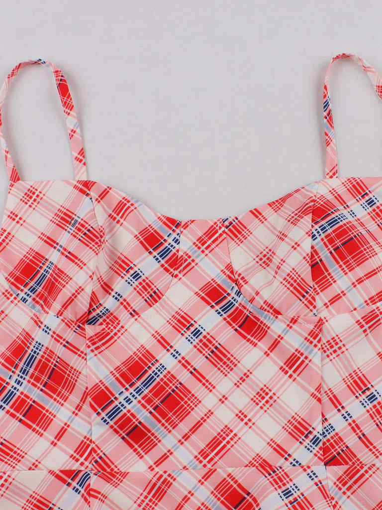 Rot 1950er Spaghettiträger Plaid Swing Kleid