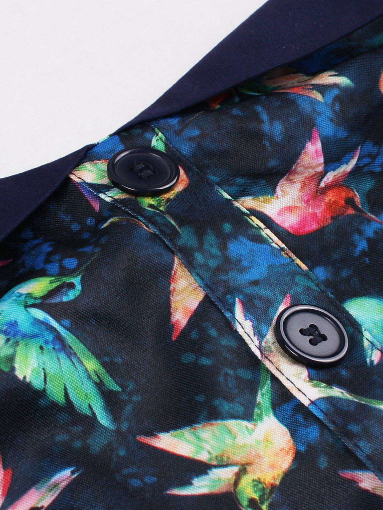 Multicolor 1950er Vogel Neckholder Gürtel Kleid