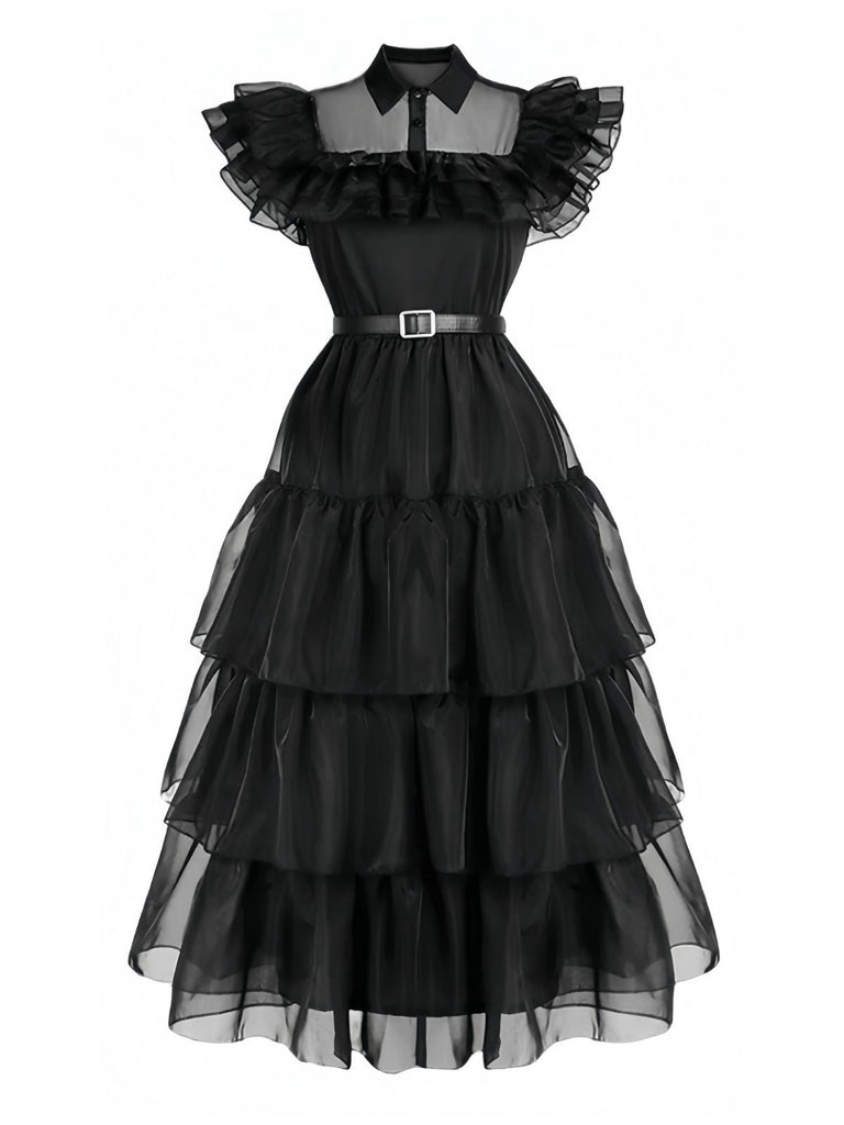 Schwarz 1950er Halloween Wednesday Organza Rüschen Revers Kleid