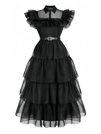 Schwarz 1950er Halloween Wednesday Organza Rüschen Revers Kleid