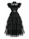 Schwarz 1950er Halloween Wednesday Organza Rüschen Revers Kleid