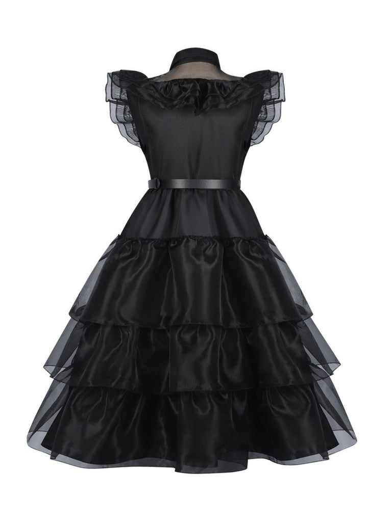 Schwarz 1950er Halloween Wednesday Organza Rüschen Revers Kleid