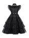 Schwarz 1950er Halloween Wednesday Organza Rüschen Revers Kleid
