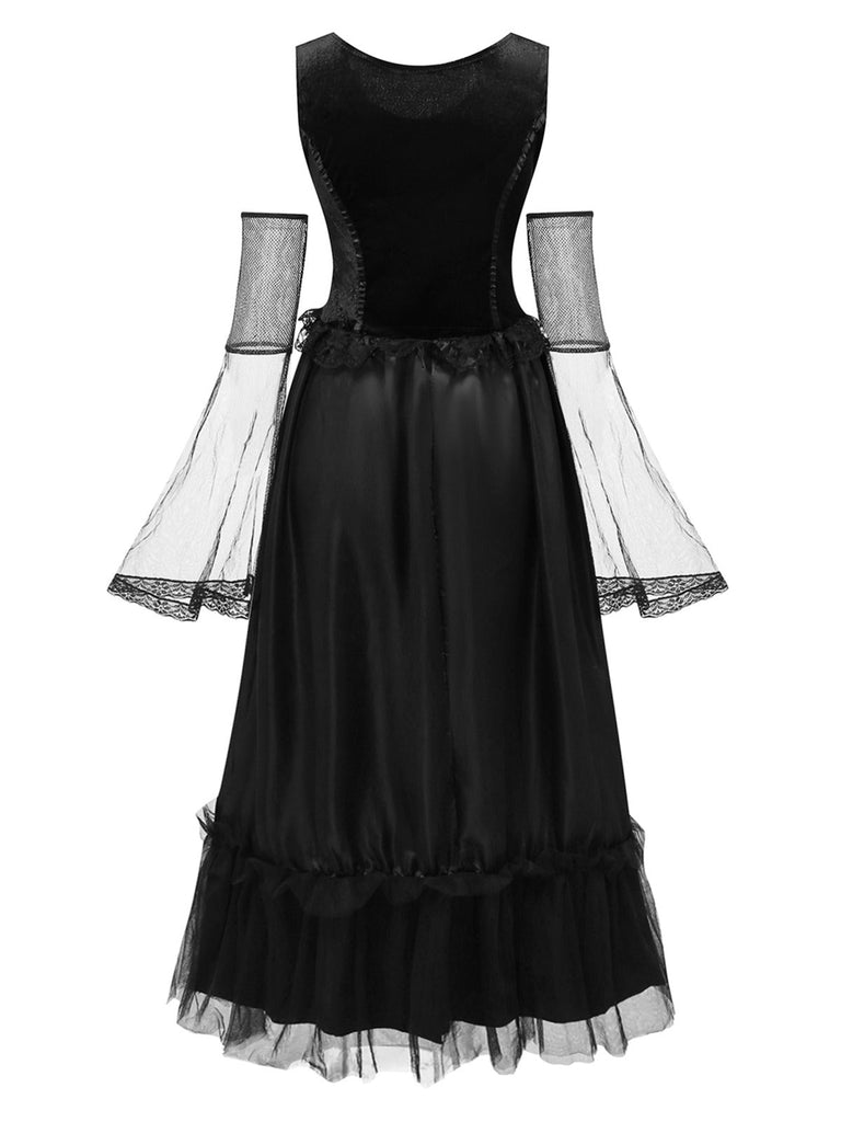 Schwarz 1980er Halloween Netz Patchwork Kleid Mit Cape