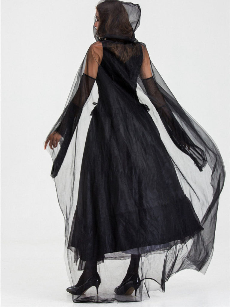 Schwarz 1980er Halloween Netz Patchwork Kleid Mit Cape