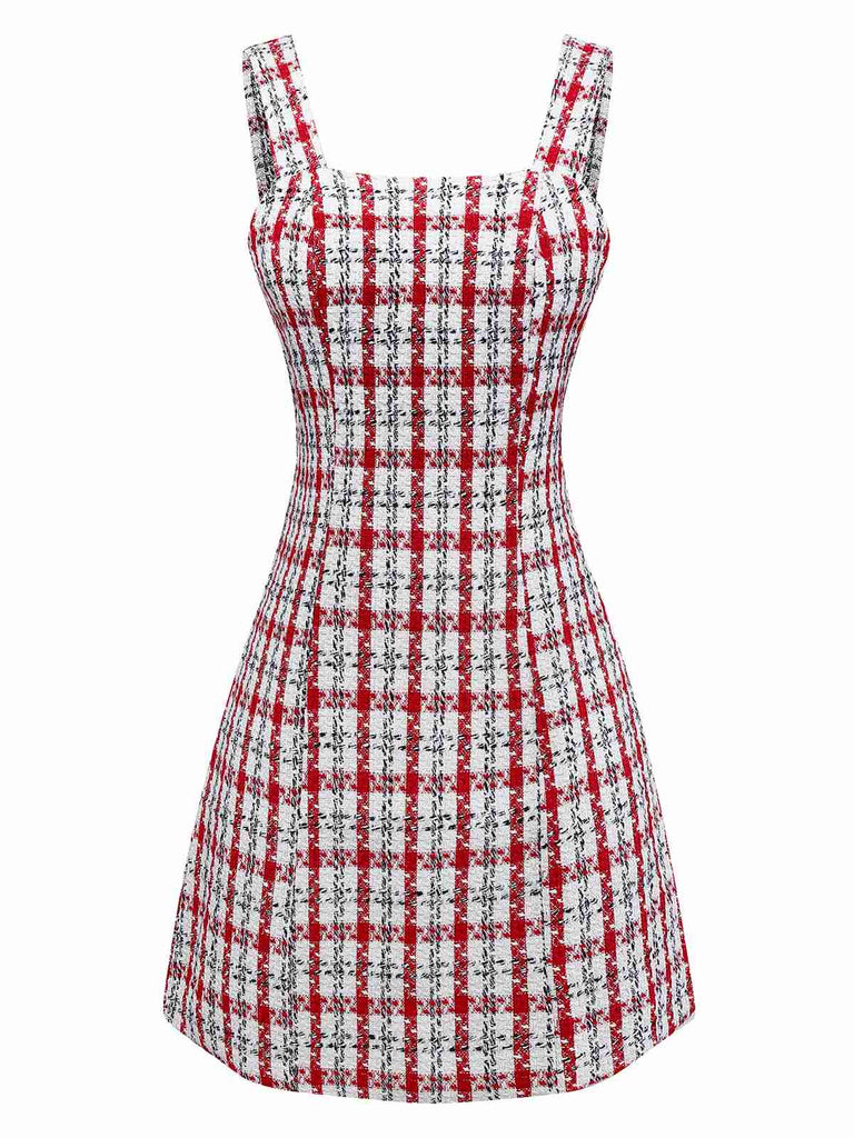Rot 1960er Plaid Tweed Weste Kleid