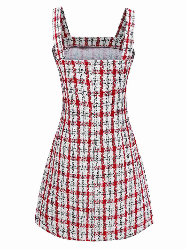 Rot 1960er Plaid Tweed Weste Kleid