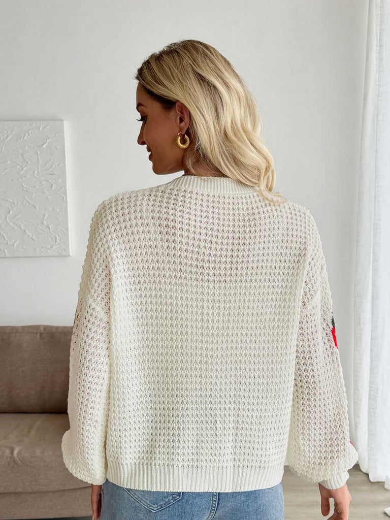 Beige 1950er Erdbeere Überschnittene Schulter Stricken Cardigan