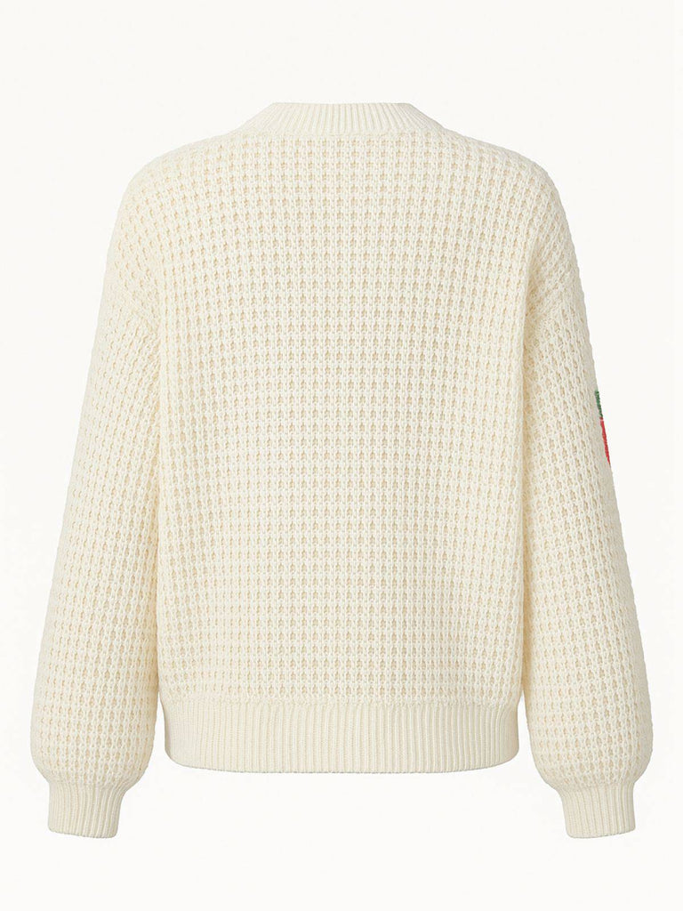 Beige 1950er Erdbeere Überschnittene Schulter Stricken Cardigan