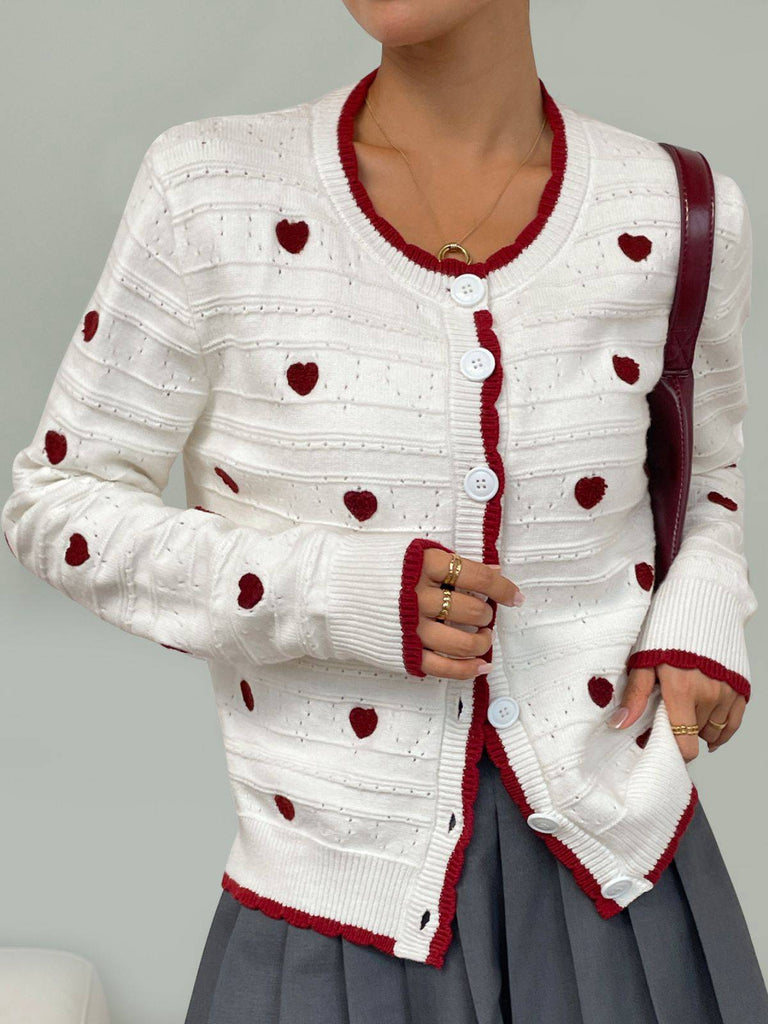 Weiß 1950er Herz Kontrast Gestrickt Strickjacke