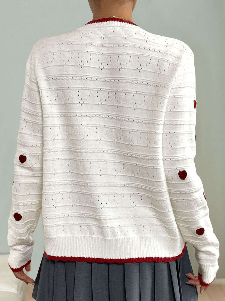 Weiß 1950er Herz Kontrast Gestrickt Strickjacke