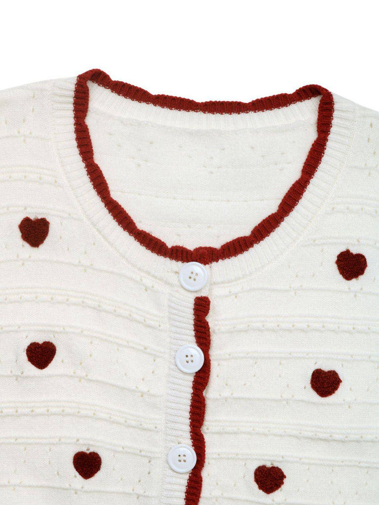 Weiß 1950er Herz Kontrast Gestrickt Strickjacke