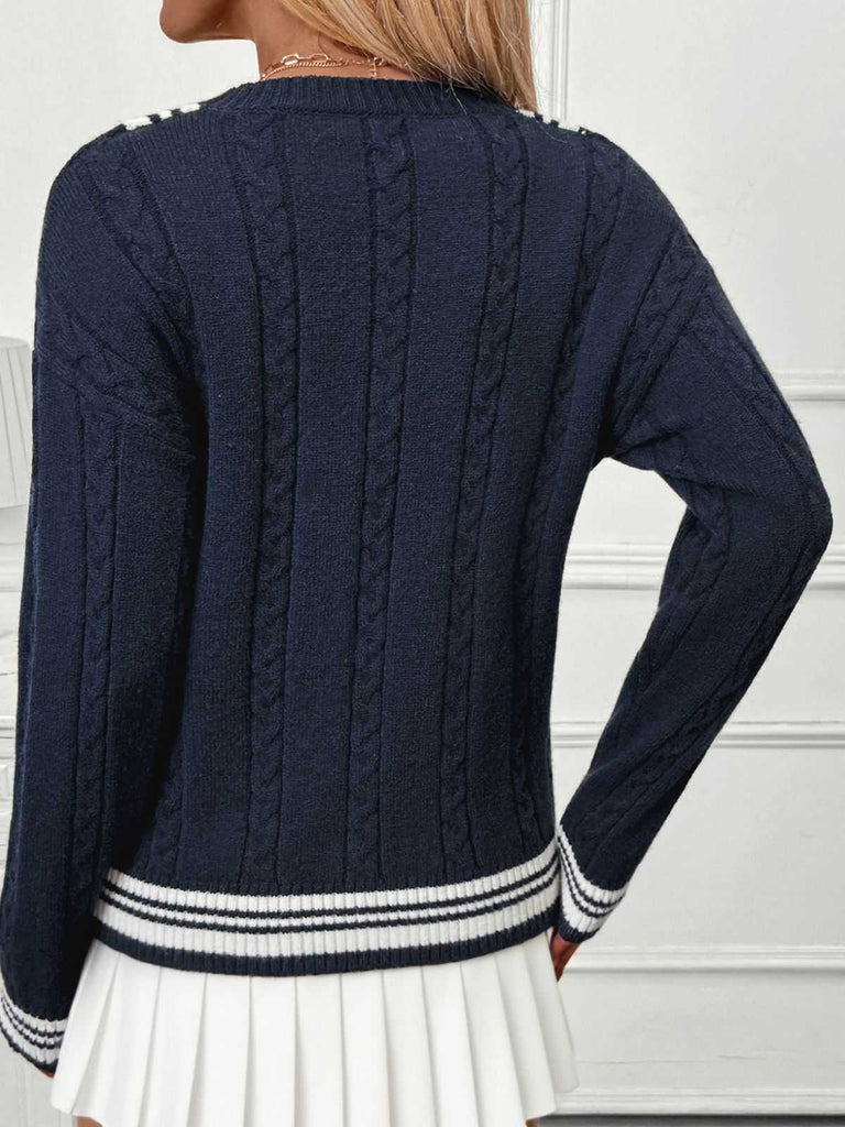 Blau 1950er Nautisch Stricken V-Ausschnitt Streifen Pullover