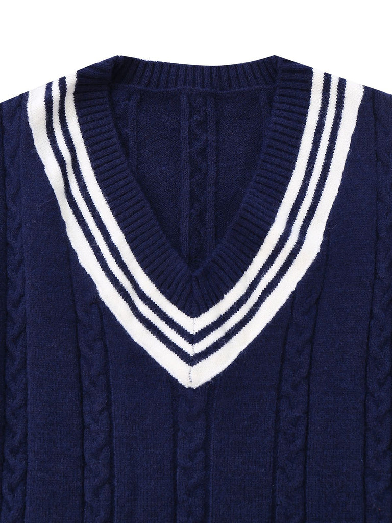 Blau 1950er Nautisch Stricken V-Ausschnitt Streifen Pullover