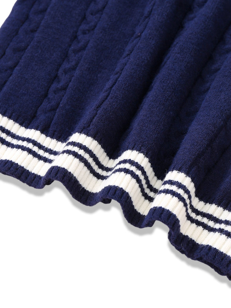 Blau 1950er Nautisch Stricken V-Ausschnitt Streifen Pullover