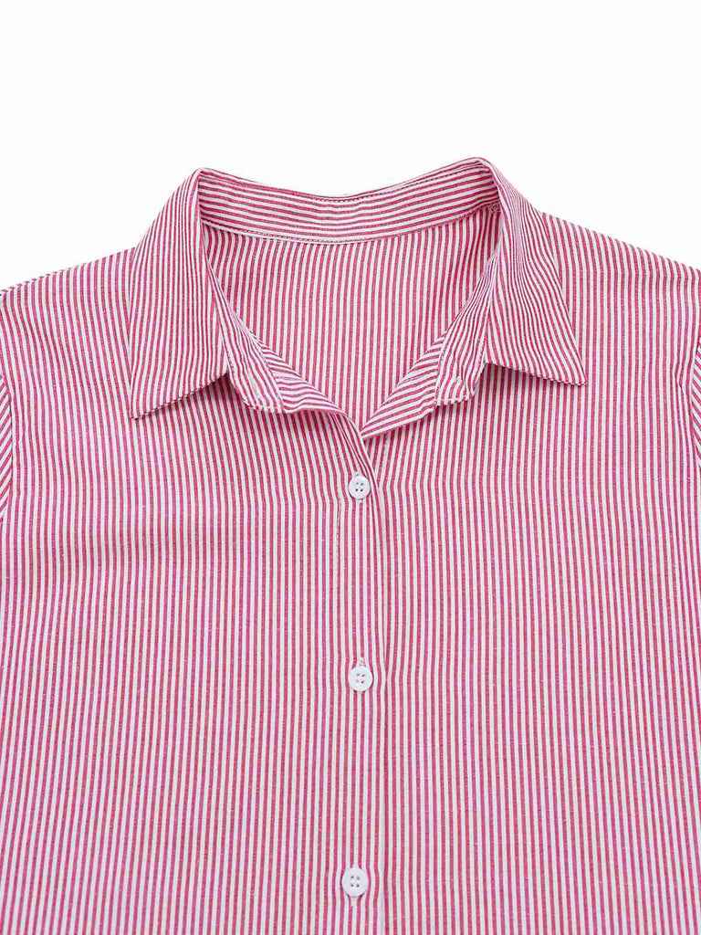 Rosa 1950er Glockenärmel Schnürung Streifen Bluse