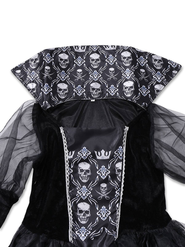 Schwarz 1980er Königin Schädel Langarm Netz Kleid
