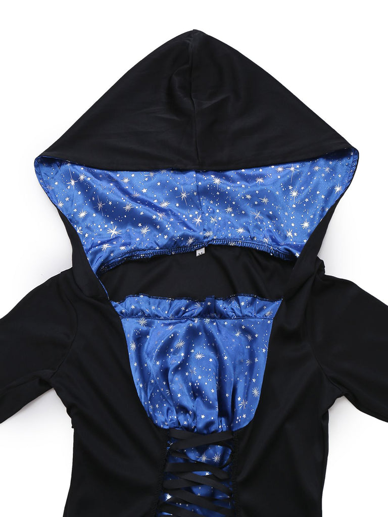 Schwarz & Blau 1930er Hexe Schnürung Kapuze Kleid