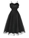 Schwarz 1930er Solide 3D Feder Netz Kleid