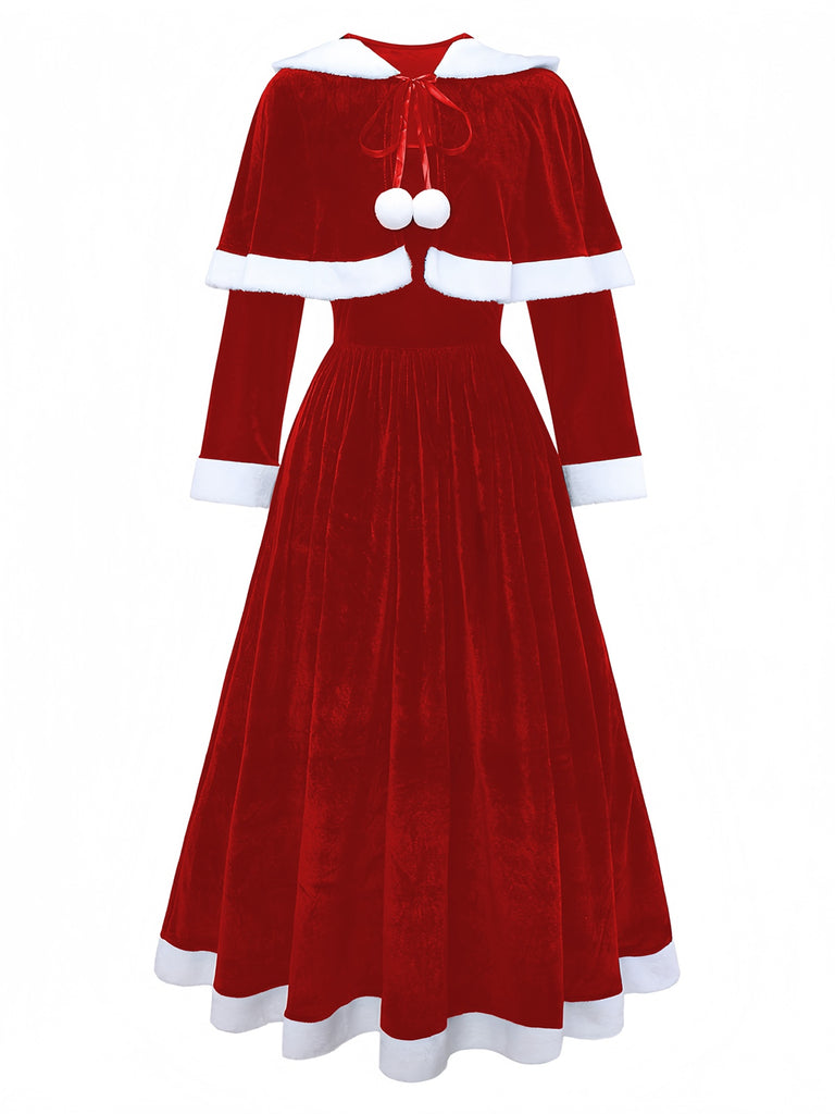 Grün 1930er Frau Weihnachtsmann Samt Kleid mit Kap