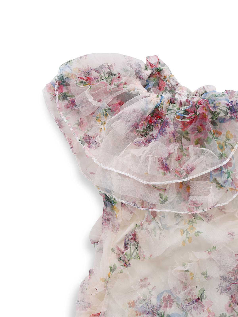 Mehrfarbig 1930er Blumen Netz Schulterfrei Maxi Kleid