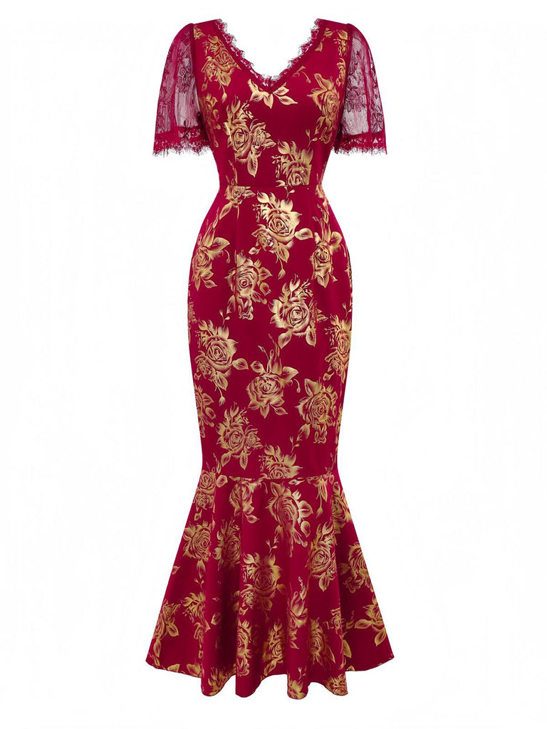 Rot 1930er Goldfolie Blumen Meerjungfrauen Durchsichtig Kleid