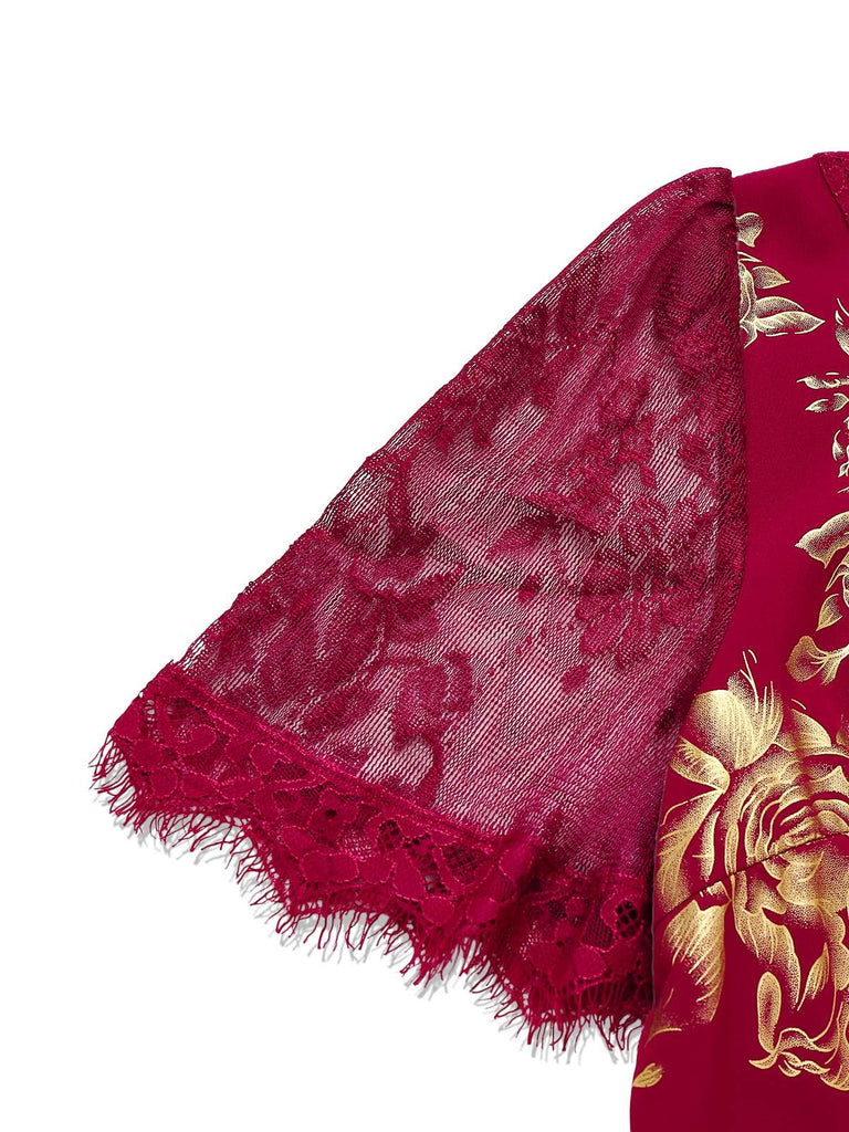 Rot 1930er Goldfolie Blumen Meerjungfrauen Durchsichtig Kleid