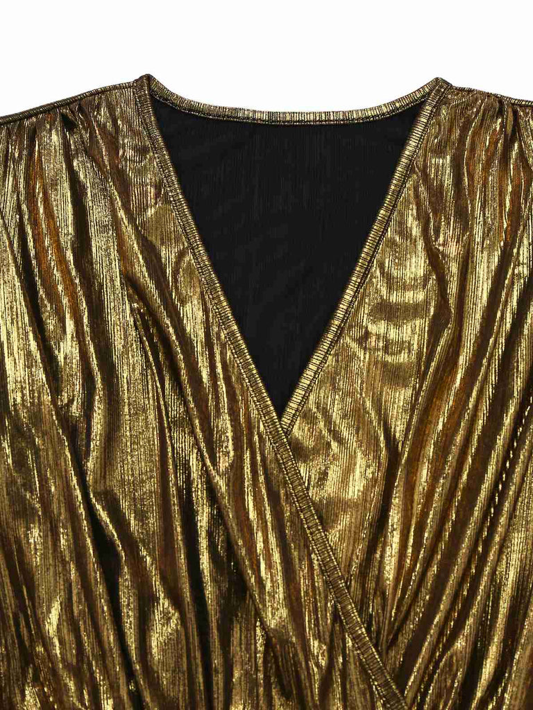 Gold 1930er Metallisch Stoff V-Ausschnitt Jumpsuit