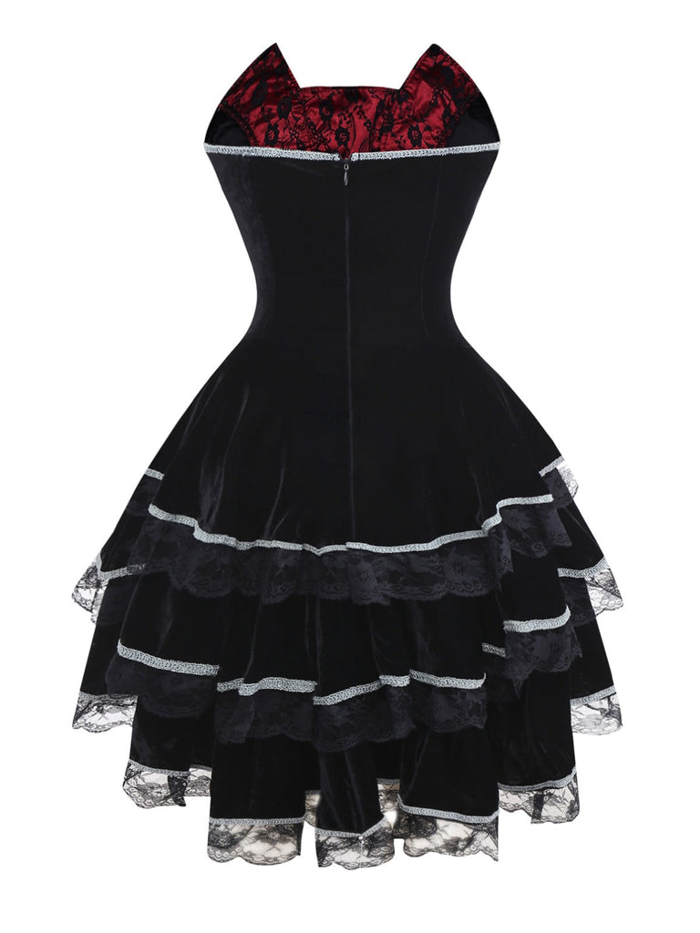 Rot 1970er Schläger Trägerlos Spitze Hoch-Tief Saum Kleid