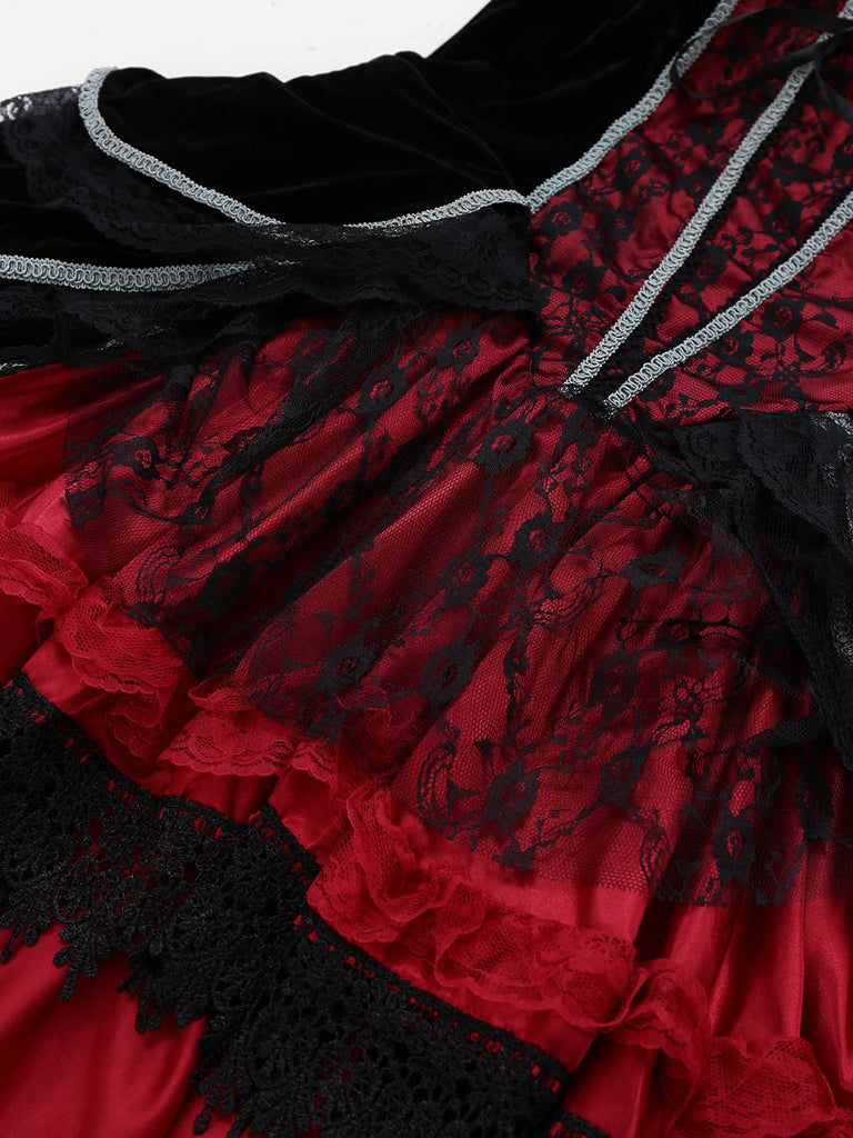 Rot 1970er Schläger Trägerlos Spitze Hoch-Tief Saum Kleid