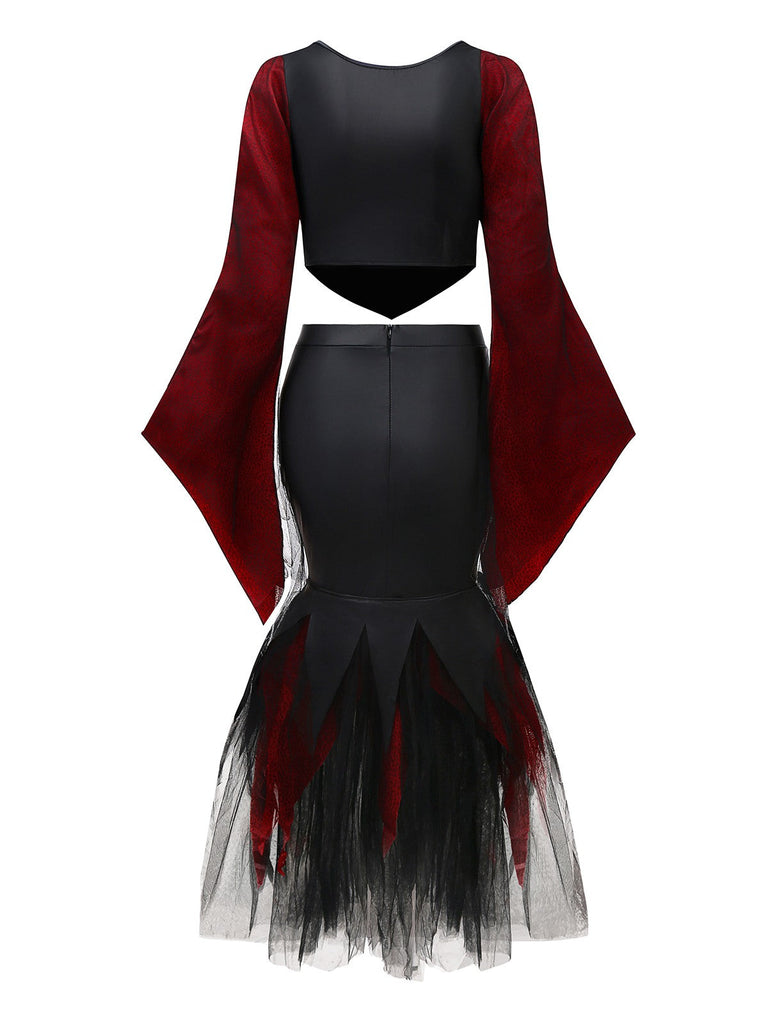 2PCS Rot 1930er Wicked Gepard Netz Top & Meerjungfrauen Rock