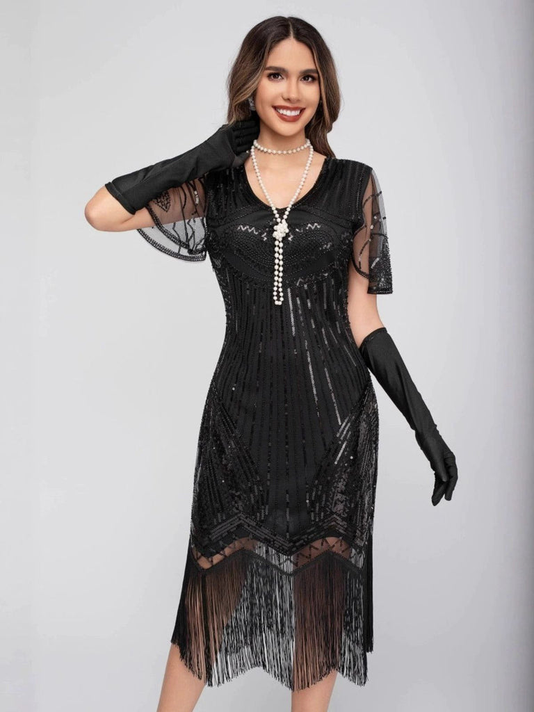 1920er Rundhalsausschnitt Pailletten Tassels Charleston Kleid